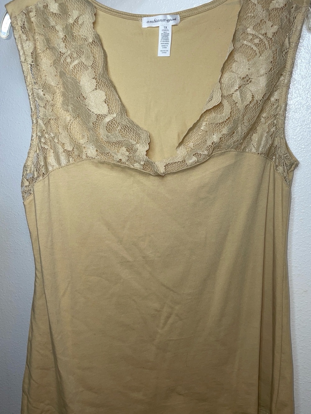 Ambiance Lace-Trim Sleeveless Top in Tan